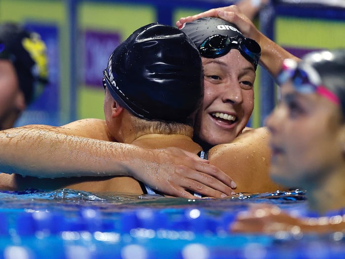 Brooke Forde embraces Katie Ledecky after competing in the Women's 200m freestyle final of the 2021 U.S. Olympic Team Swimming Trials.